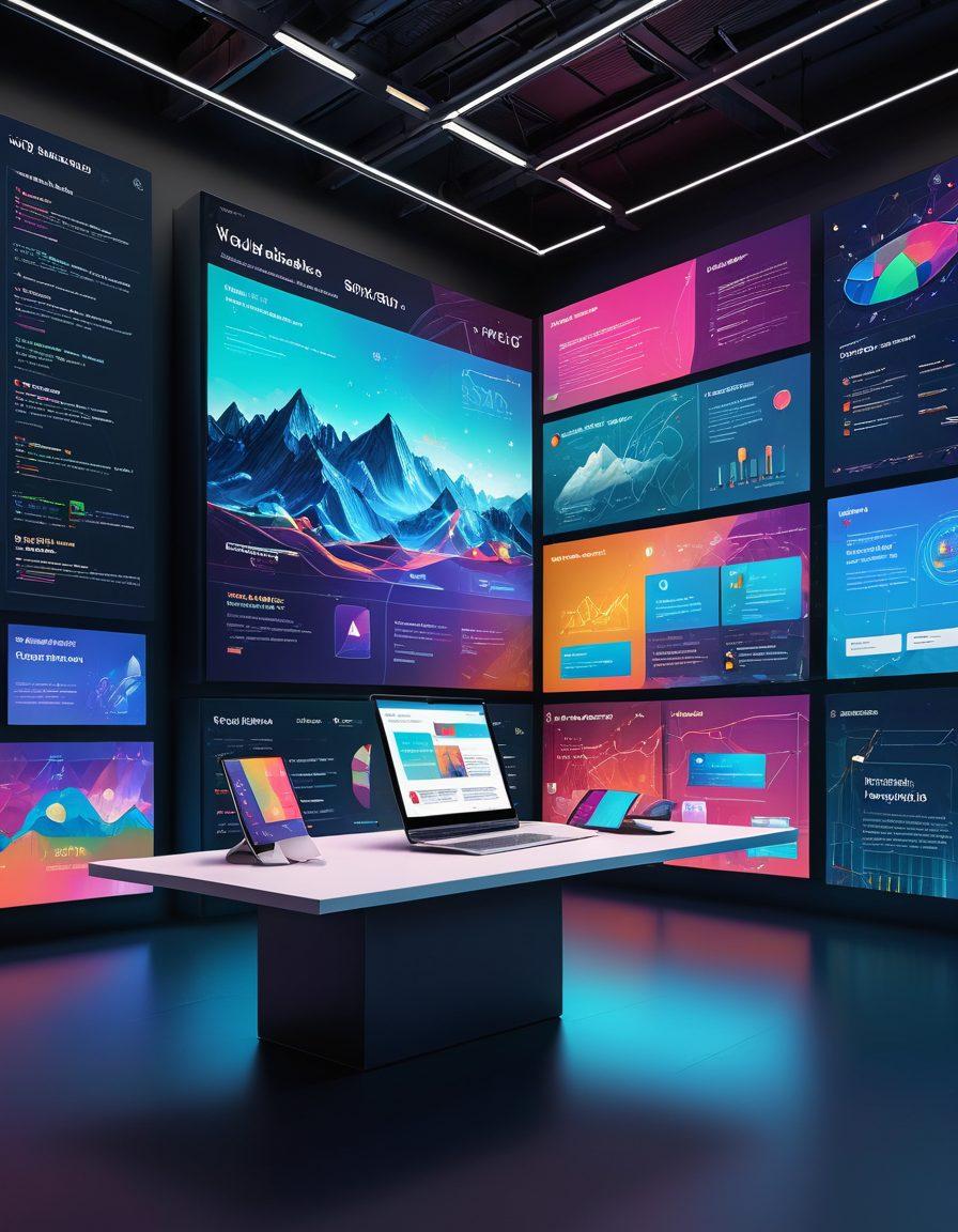 A sophisticated digital landscape featuring diverse websites on floating screens, each uniquely designed with vibrant and eye-catching elements. One central screen shows a detailed interface of a website being optimized, with graphs and analytics appearing around it. Surroundings hint at digital networks and connections. super-realistic. vibrant colors. futuristic design.